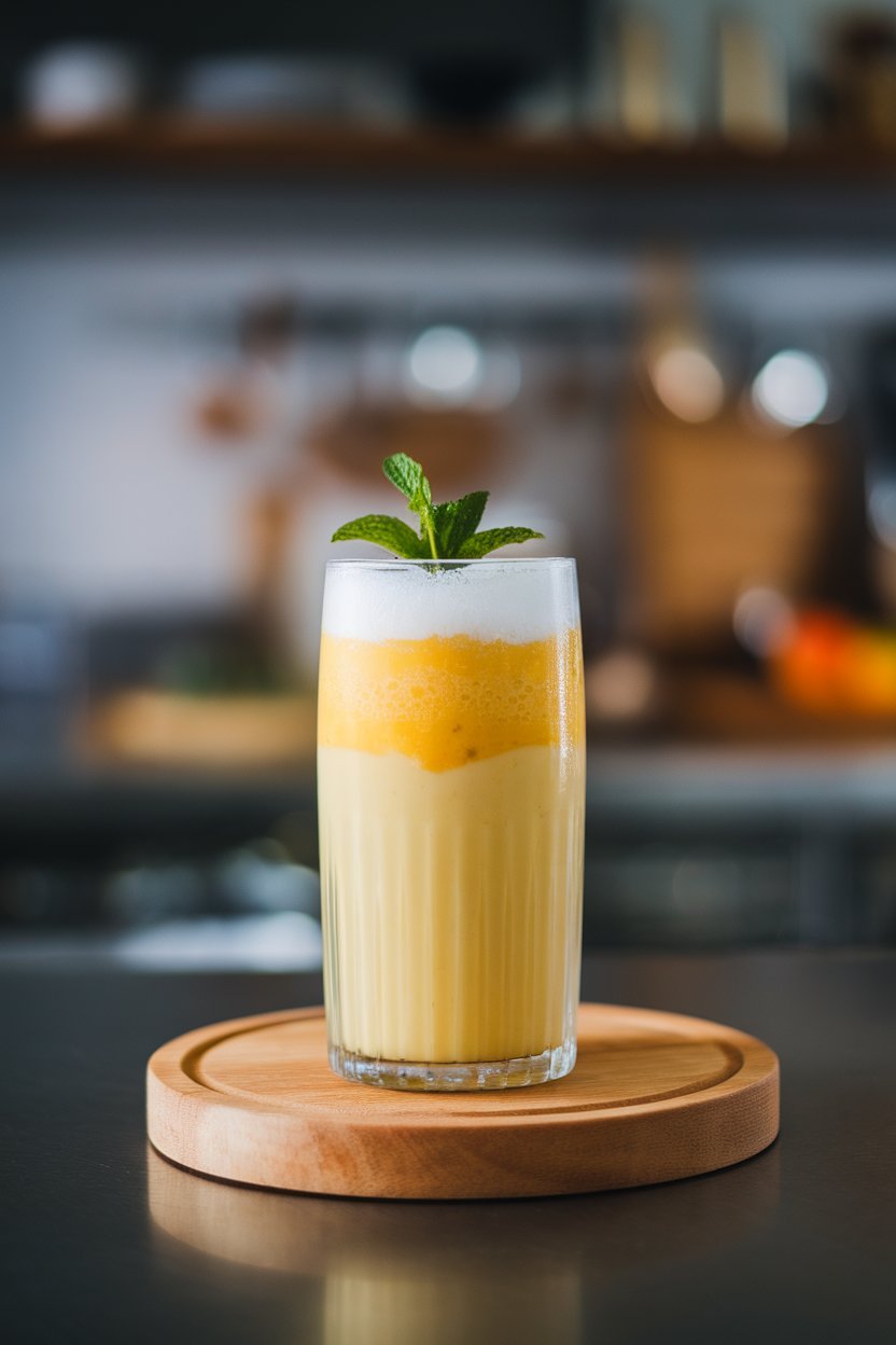 Indoor setting with a tall glass of creamy mango lassi, fizzy top layer, mint sprig. No text or logos.
