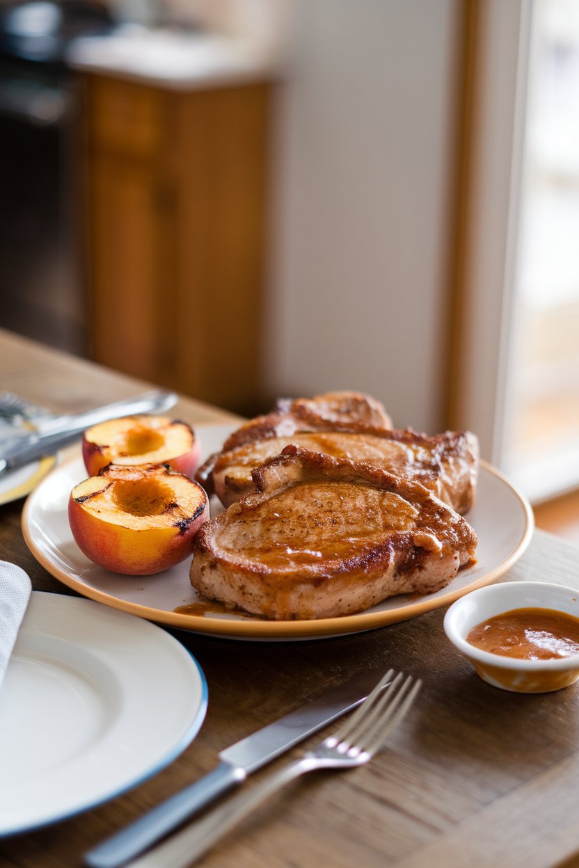 Indoor table scene with pork chops brushed in peach barbecue glaze, grilled peach halves alongside, no text or logos.