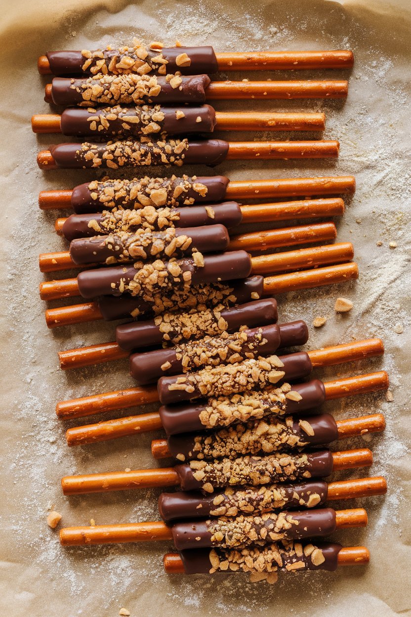 Indoor photo of pretzel rods half-dipped in chocolate and sprinkled with crushed peanuts, laid on parchment. No logos anywhere.