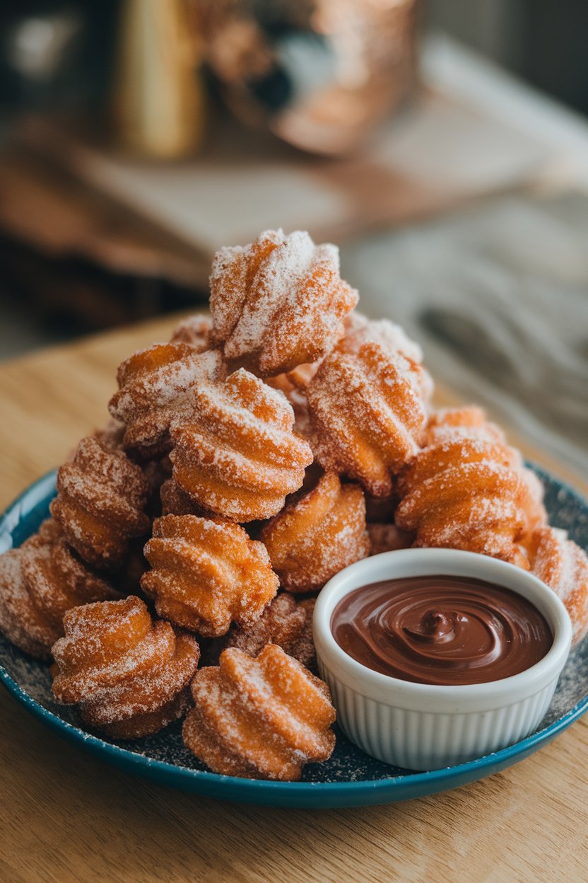 A plate piled high with cinnamon-sugar churro bites beside a small bowl of thick chocolate dipping sauce, all indoors. No text or logos; photo, not illustration.