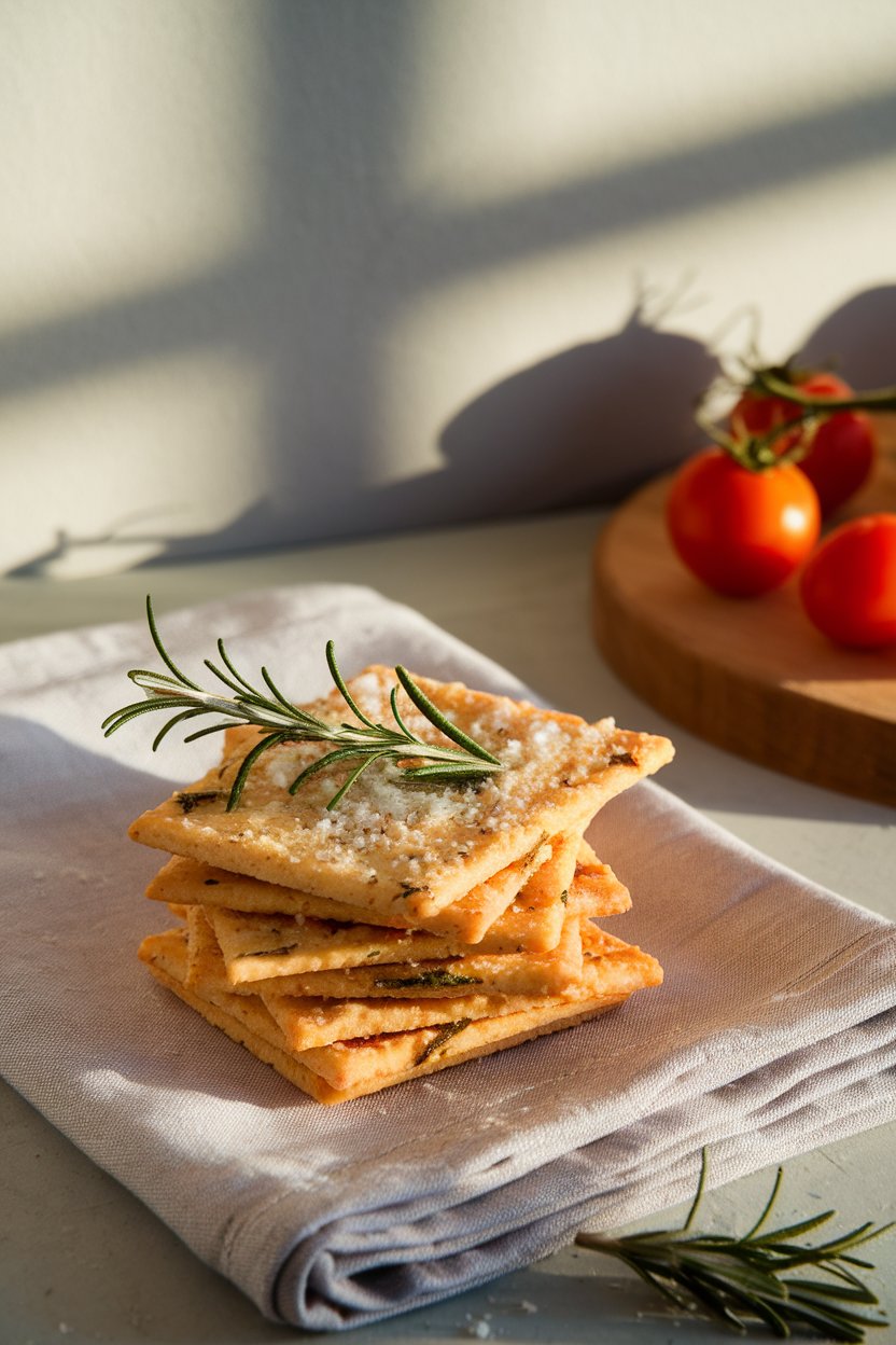 Indoor scene of square rosemary-flecked crackers dusted with grated parmesan, stacked casually on a linen napkin. Photo, no text or logos.