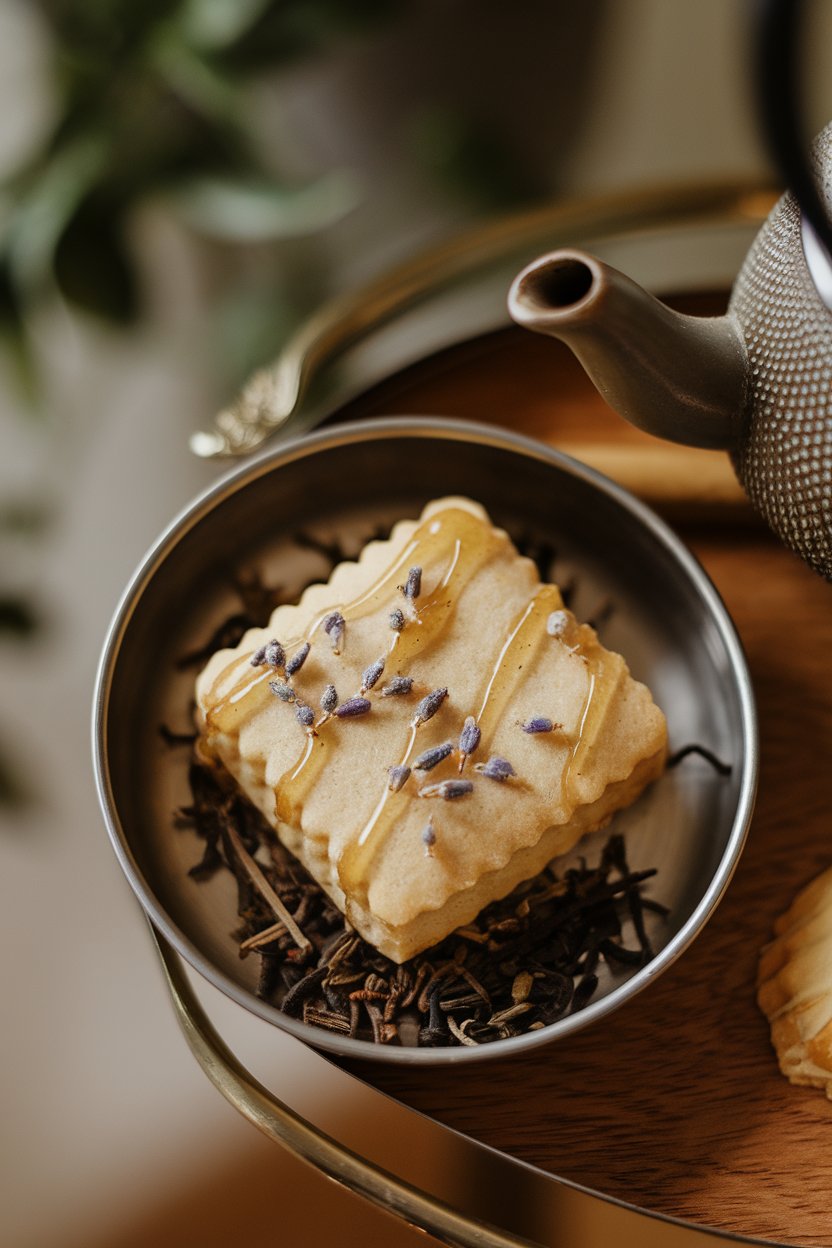 Indoor tea tray with delicate shortbread cookies drizzled with honey and flecked with lavender buds. No text or logos; photo, not illustration.