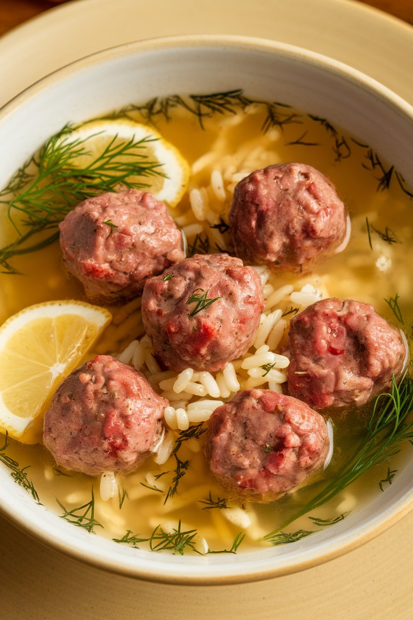 Indoor image of lemon meatball soup—small beef meatballs, rice, and lemony broth with dill garnish. No text or logos. Photo.