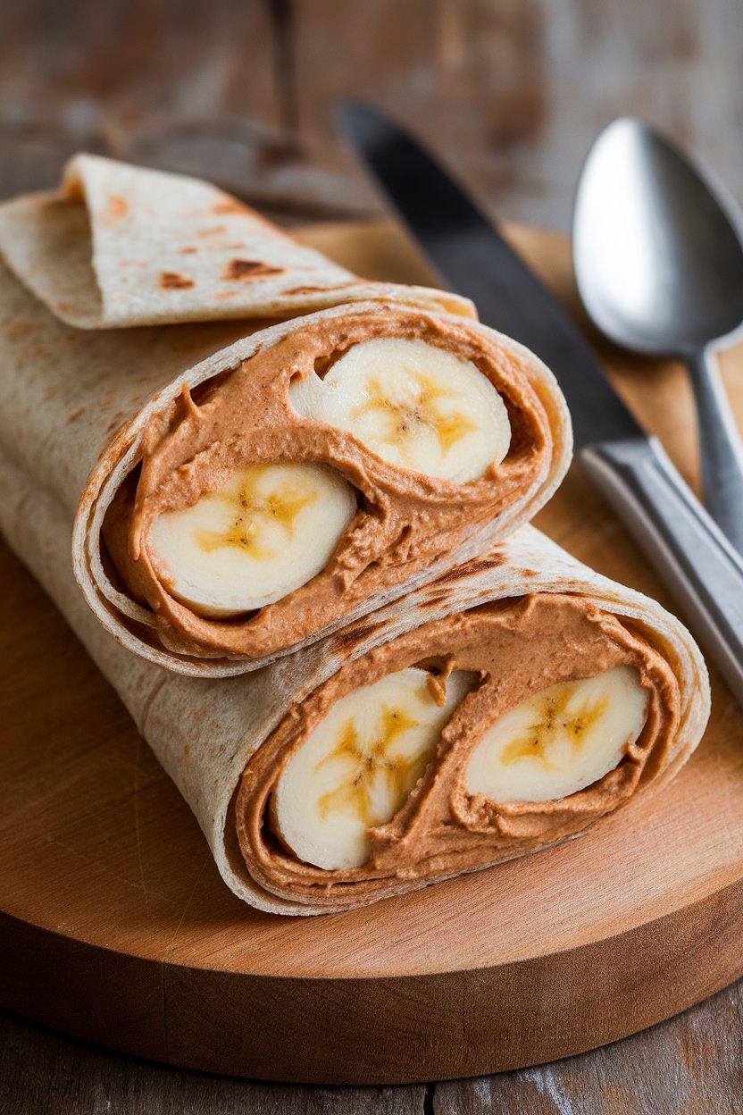 Indoor photo of whole-wheat wraps spread with peanut butter, filled with banana slices and rolled tight, cut in halves, no logos.