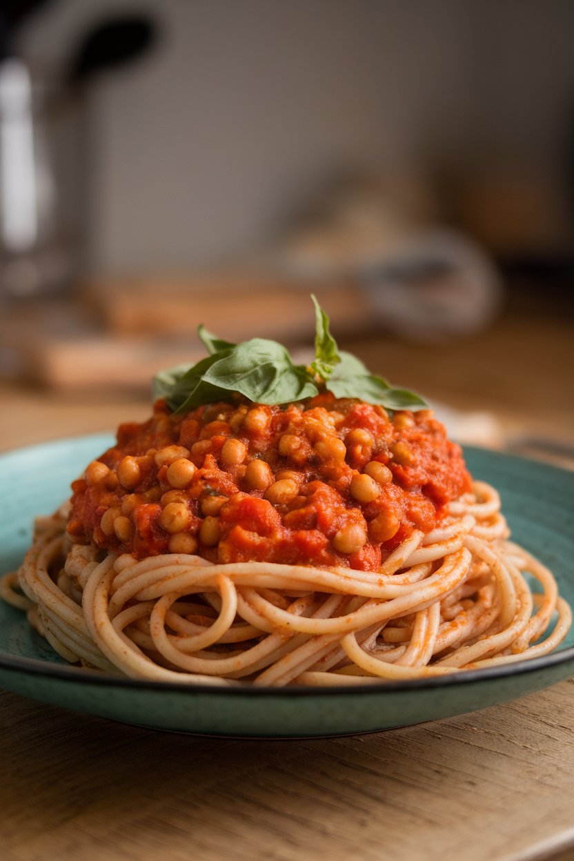 Indoor plate with whole-grain spaghetti topped by thick tomato-lentil sauce, garnished with basil ribbons. No text or logos. Photo only.