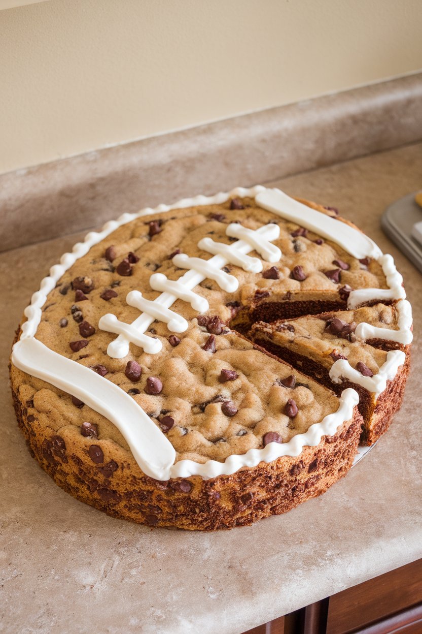 An indoor kitchen counter with a large football-shaped chocolate chip cookie cake, piped vanilla frosting outlining the laces, slices cut for serving. No text or logos. Photo, not illustration.