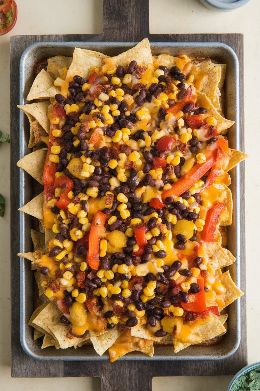 Overhead indoor view of nachos topped with roasted corn, black beans, and bell peppers, melted cheese on a sheet pan, no text or logos. Photo only.