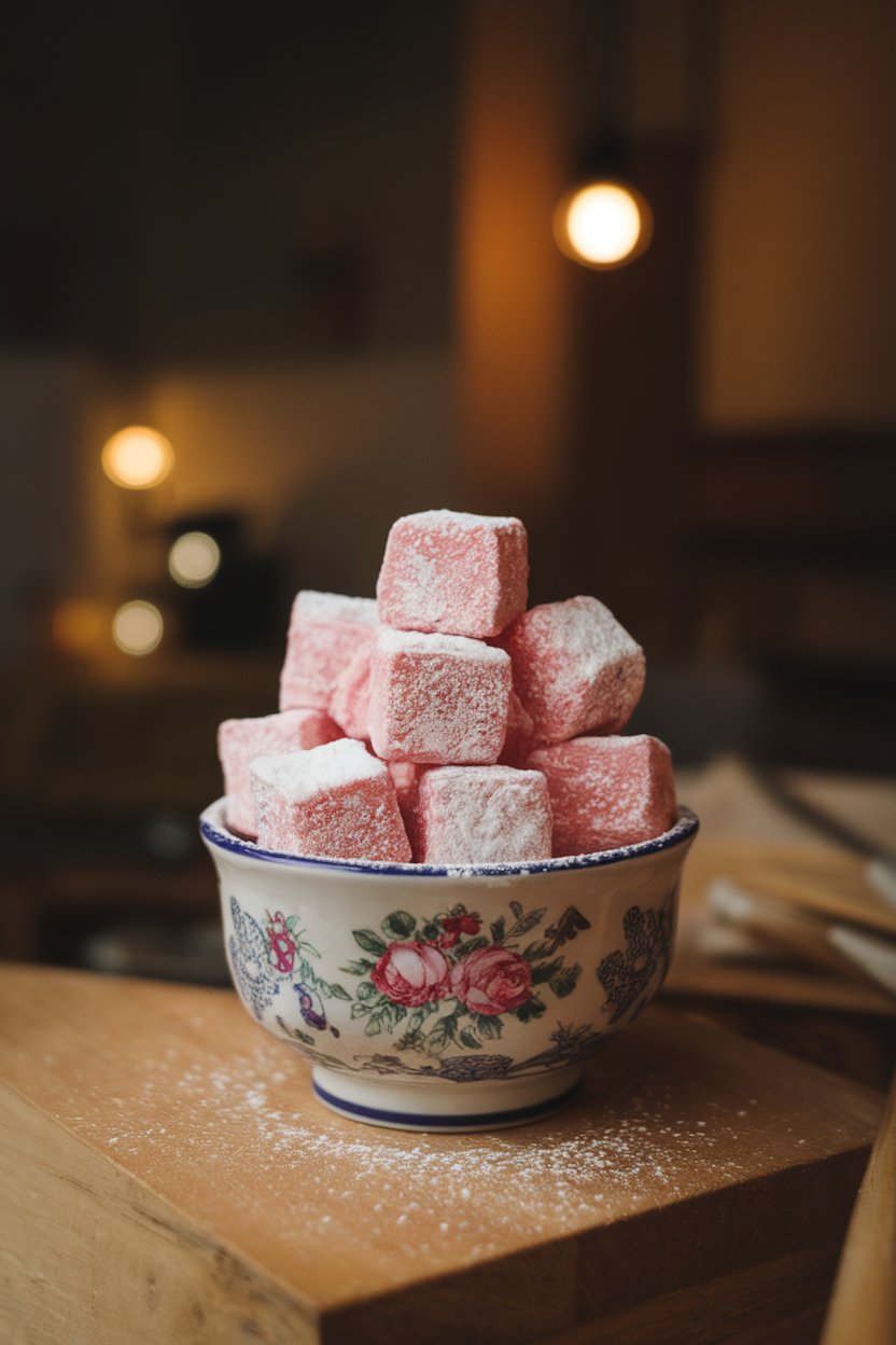 Soft pink cubes of rose Turkish delight dusted with powdered sugar, piled in a small porcelain bowl under indoor mood lighting. No brand names visible.