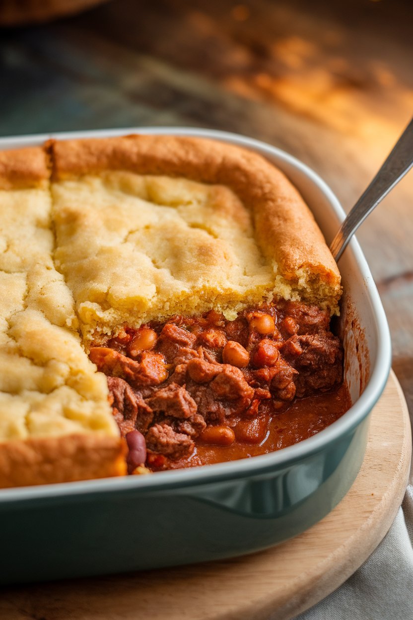 Indoor photo of a casserole dish with hearty beef chili on bottom and a golden cornbread crust on top, a spoon revealing the layers. No logos or text.
