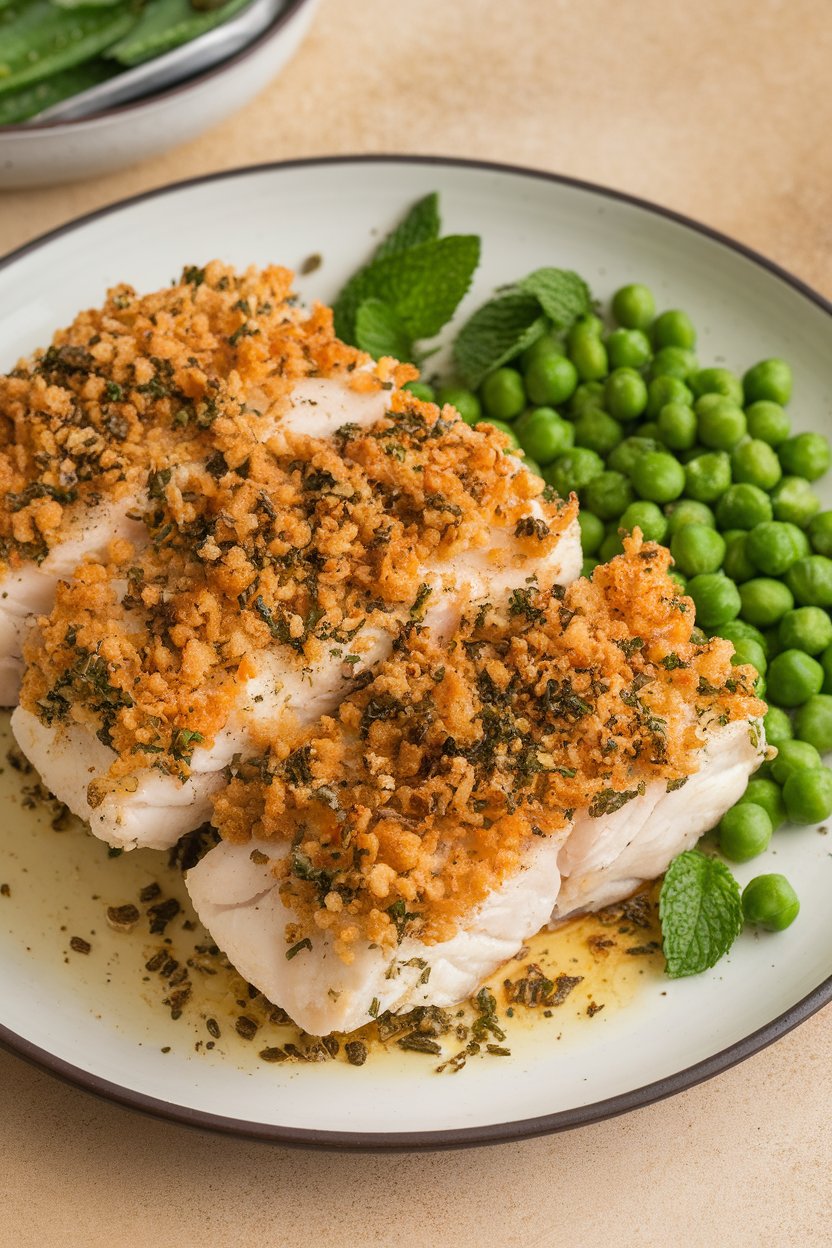Indoor photo of flaky haddock fillets topped with herbed panko crumbs, served with a side of steamed peas and mint. No text or logos.