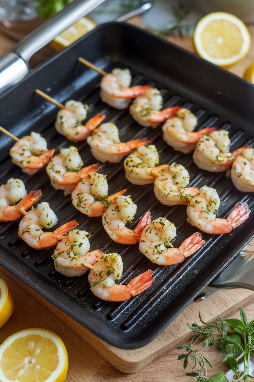 An indoor grill pan with skewers of cooked shrimp coated in lemon herb seasoning; no text or logos. Photo only.