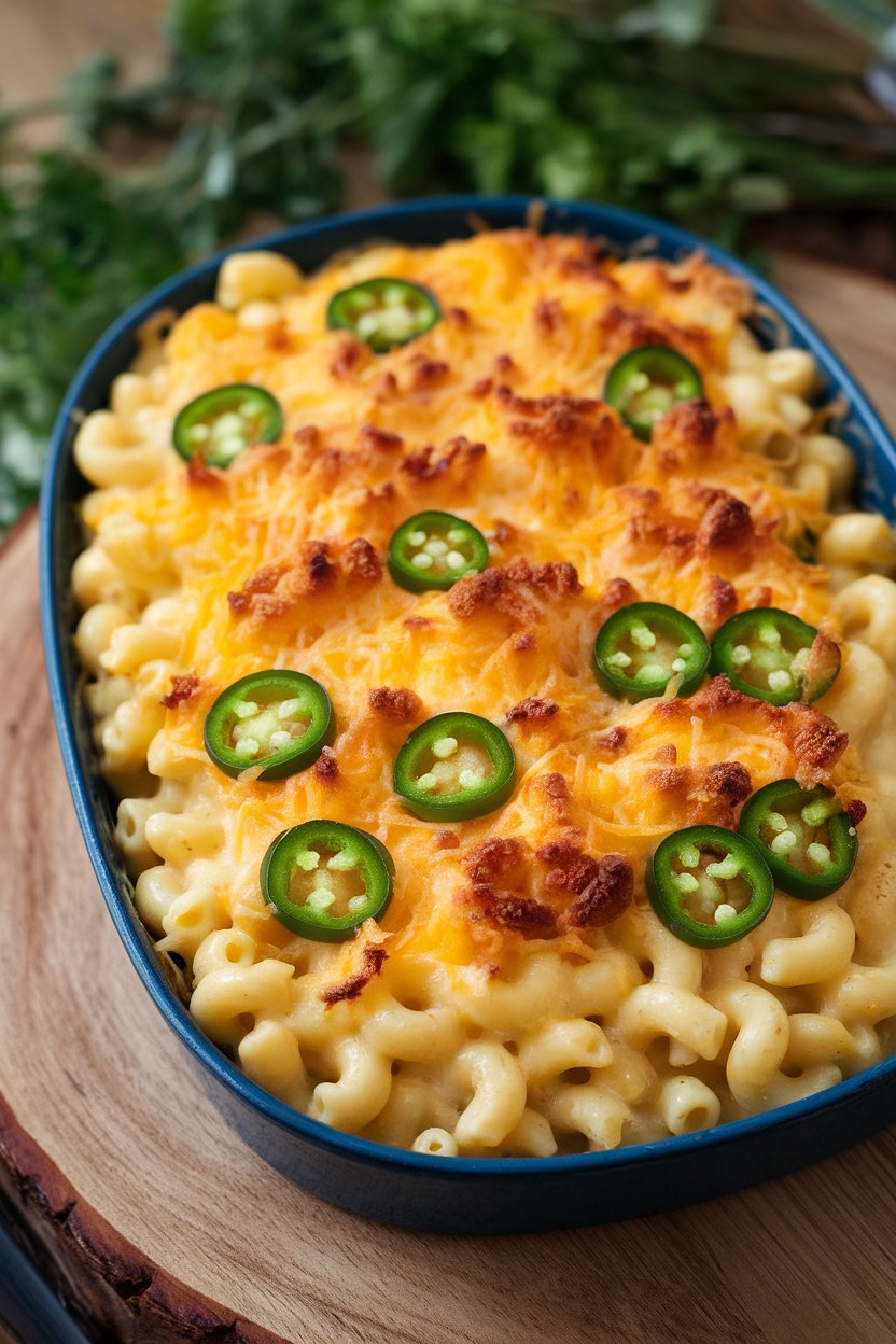 An indoor casserole dish of creamy mac and cheese flecked with green jalapeño rounds, bubbling cheese on top. No text or logos.