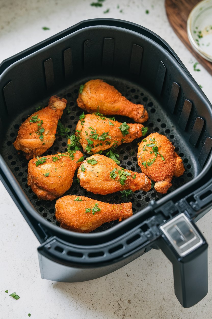 An air-fryer basket on a kitchen countertop holding crispy chicken drumettes, garnished with chopped parsley; no text or logos anywhere in frame.