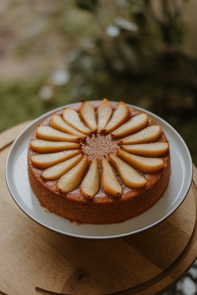 An indoor cake plate with a round upside-down cake showing caramelized pear slices arranged in a flower pattern. Photo, no text or logos.