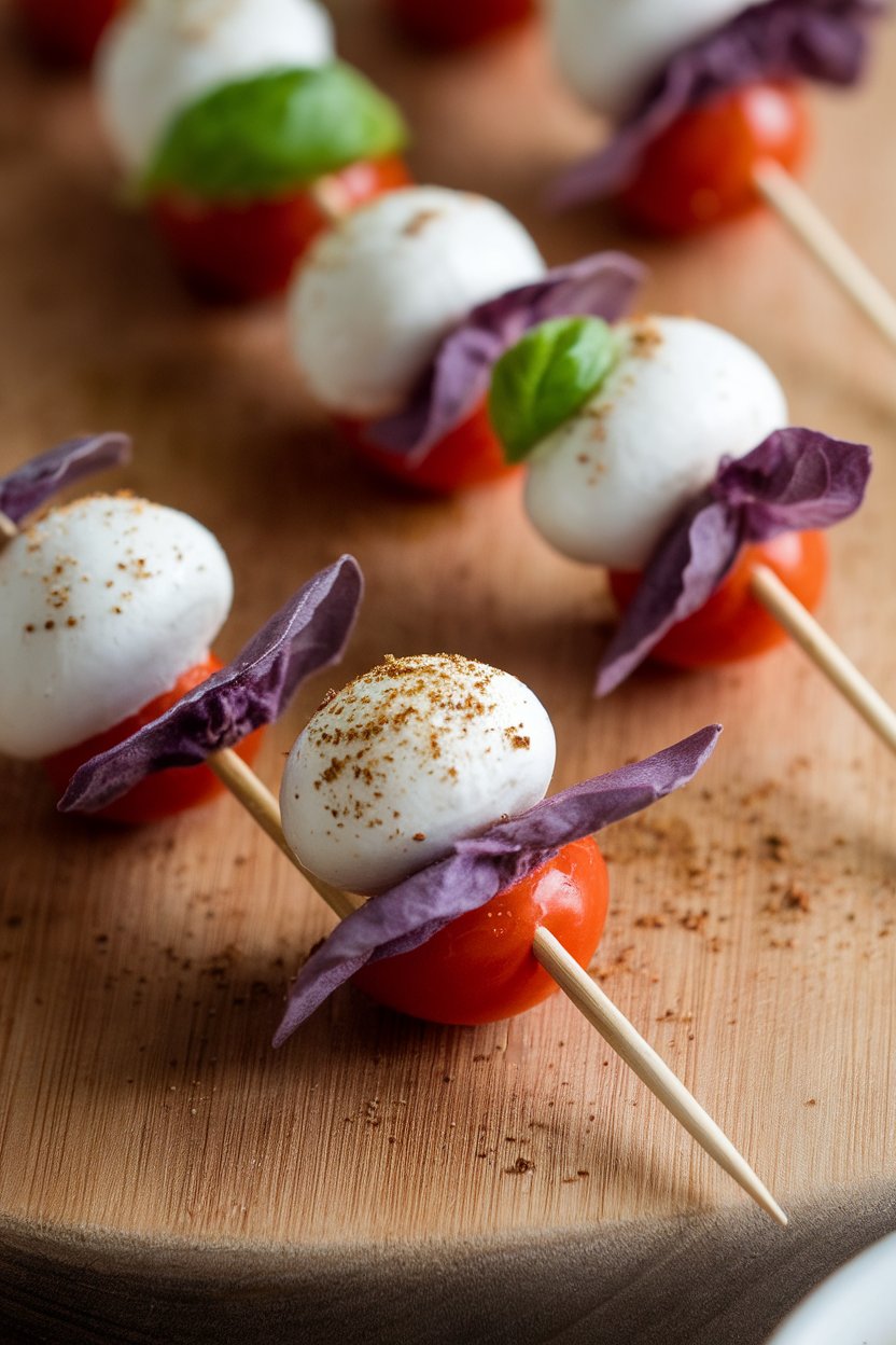 Indoor photo of toothpick skewers with purple basil, cherry tomatoes, and mozzarella pearls sprinkled with Creole seasoning; no text or logos