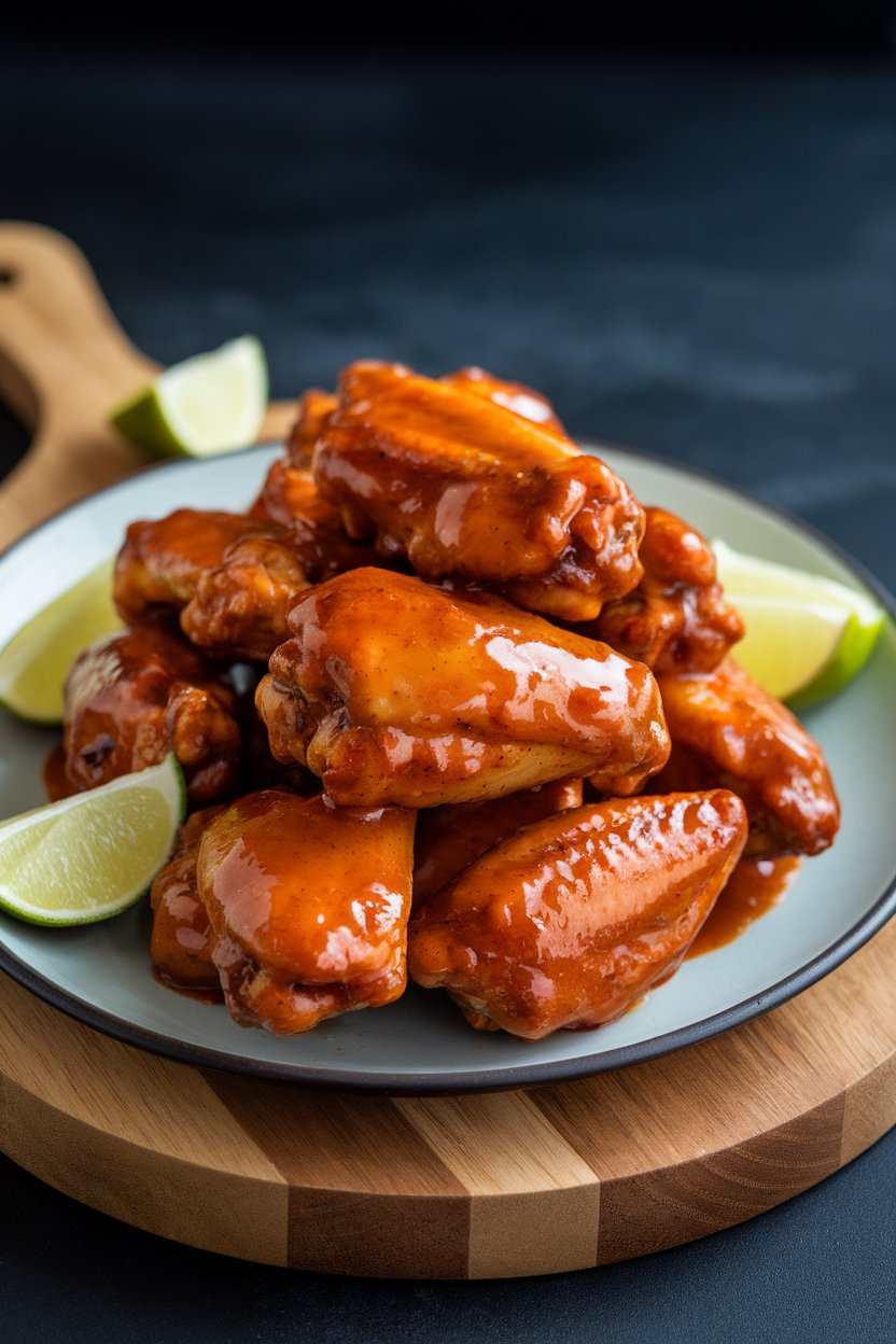 Indoor plate featuring chicken wings coated in a glossy maple-chipotle sauce, garnished with lime wedges, no text or logos. Photo only.