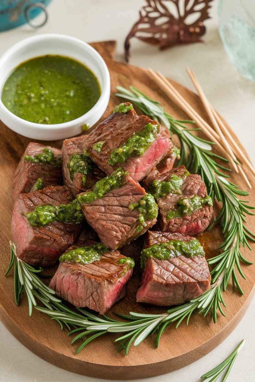 Indoor photo of seared steak cubes drizzled with green chimichurri sauce, served on a wooden board with toothpicks. No text or logos.