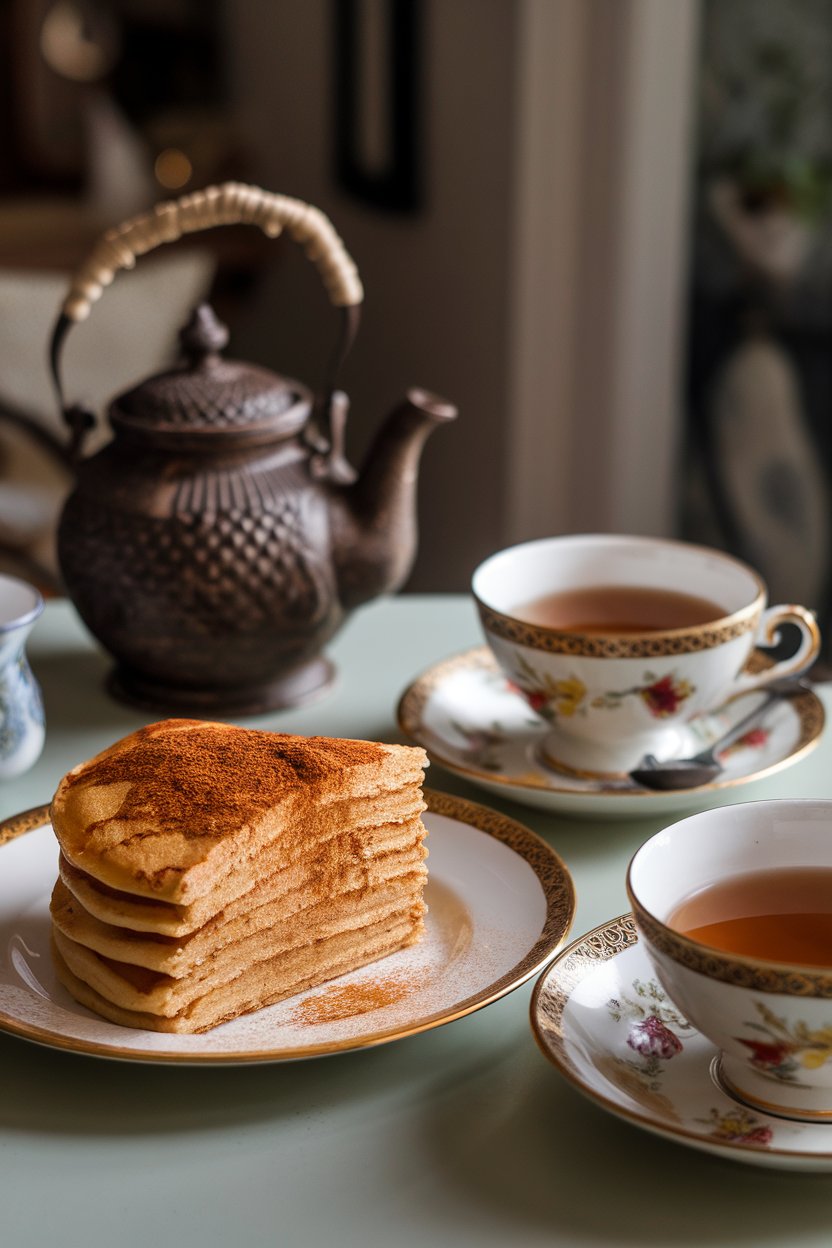 Indoor tea-time scene with a warmly colored chai-spice pancake slice dusted with cinnamon, no text or logos.
