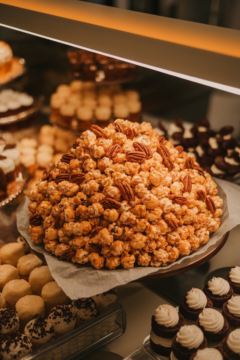 An indoor dessert counter displaying a mound of praline caramel corn studded with pecans on a parchment-lined tray, warm overhead lighting. No logos present.