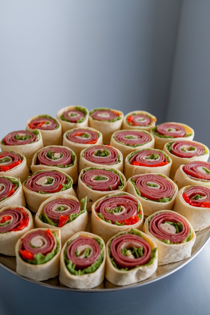 Indoor photo of colorful tortilla pinwheels showing layers of salami, provolone, lettuce, and roasted red peppers, arranged on a platter. No logos or text visible.