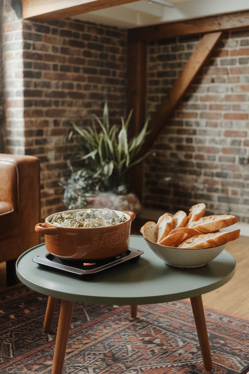Indoor coffee table with a bubbling ceramic dish of spinach-artichoke dip and a bowl of toasted baguette slices, no text or logos. Photo only.