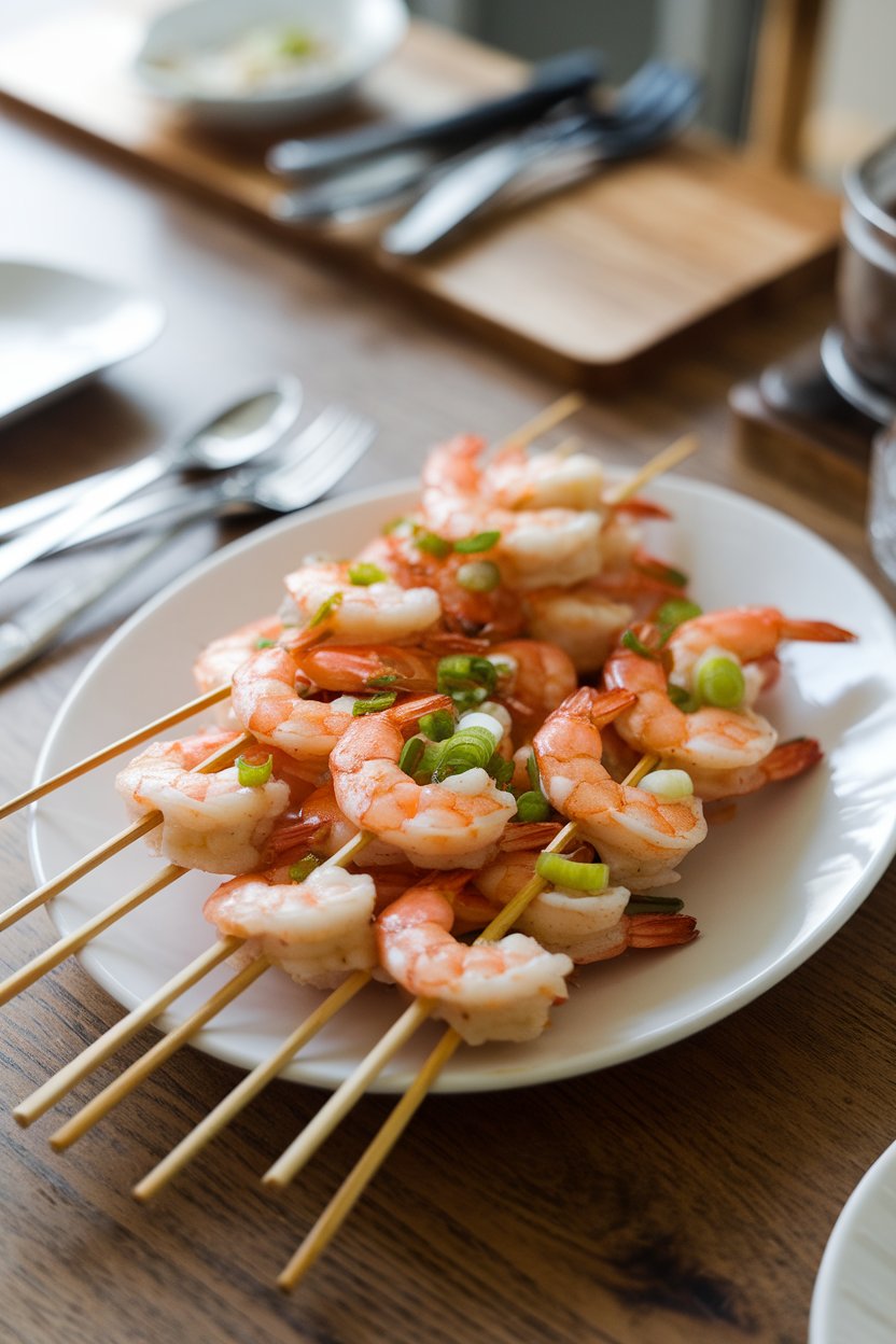 Indoor dining table with skewers of cooked shrimp glazed in ginger-lime marinade, resting on a white platter. No text or logos visible; photo only.