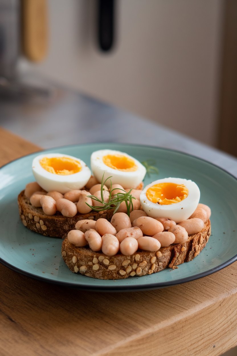 An indoor plate showing whole-grain toast topped with mashed white beans and a soft-boiled egg sliced open. No text or logos. Photo, not illustration.