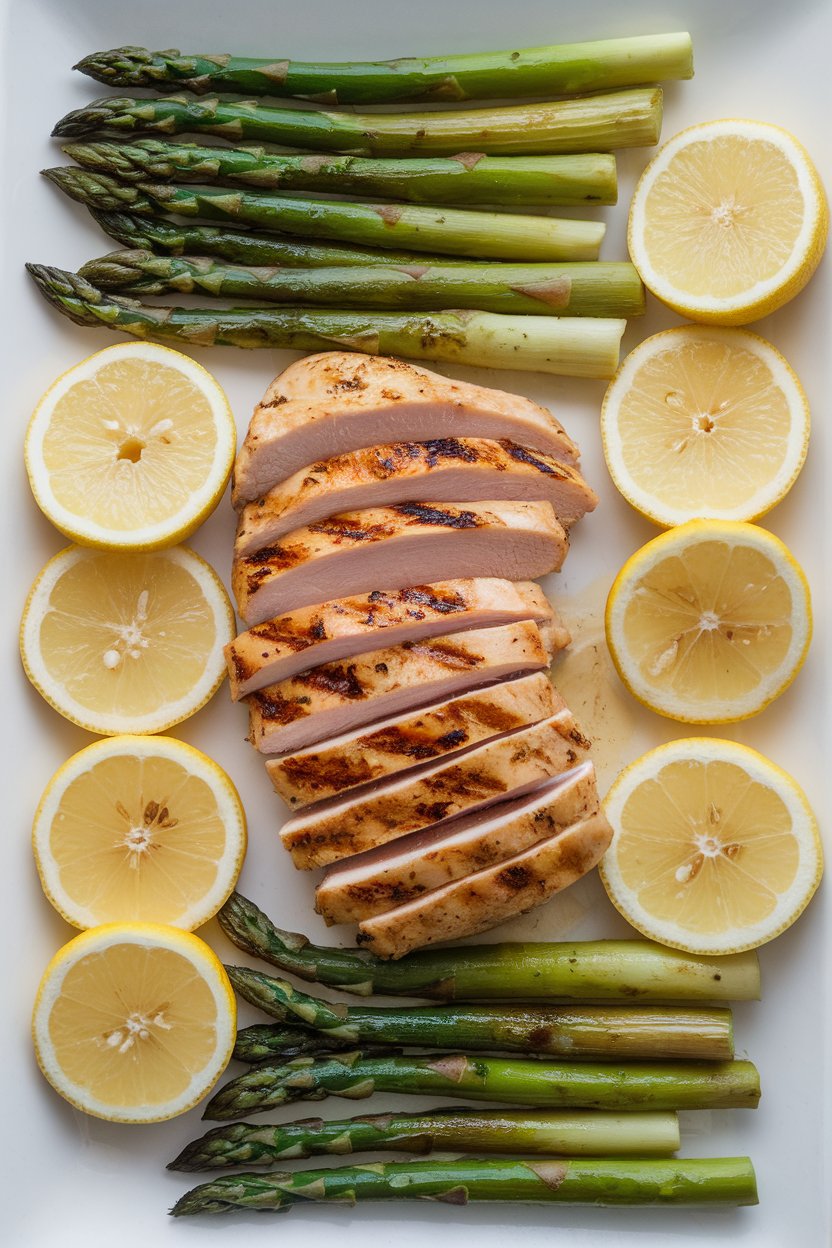 Indoor kitchen counter shot of sliced grilled chicken breast with visible grill marks, arranged beside grilled asparagus spears and lemon rounds on a plain white platter. No text or logos. Photo only.