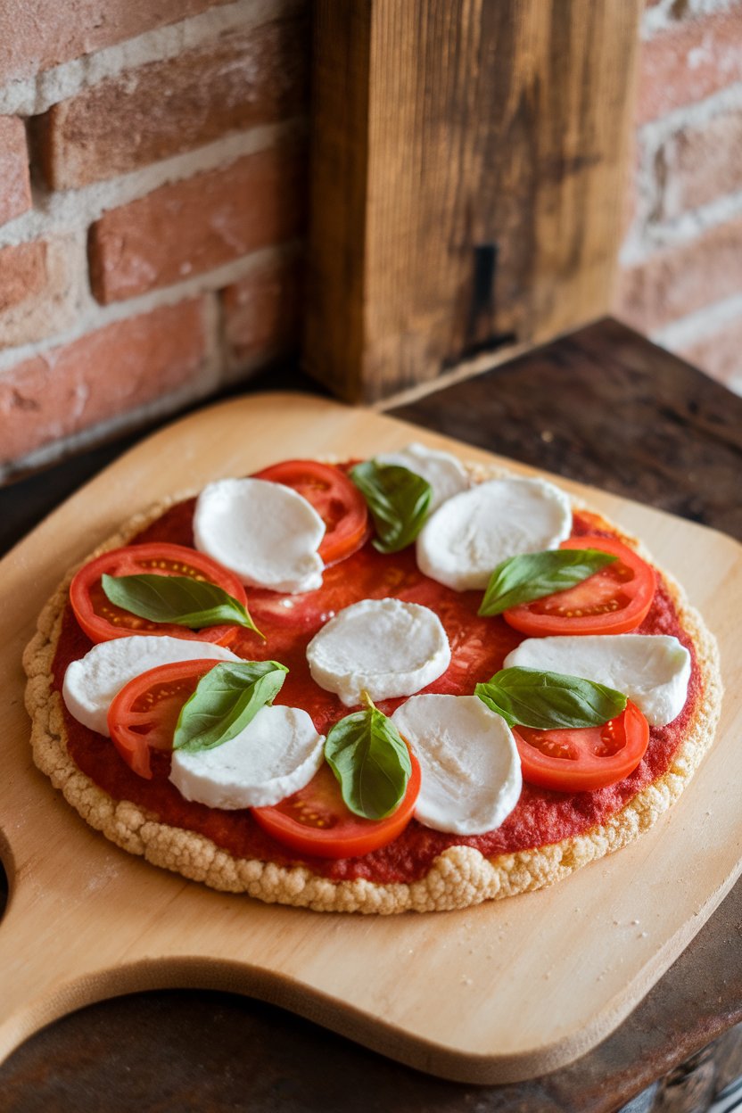 Indoor photo of a round cauliflower-crust pizza topped with fresh mozzarella, tomato slices, and basil, placed on a wooden pizza peel. No text or logos.