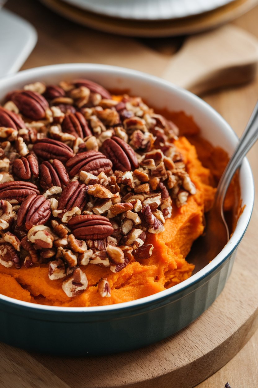 Indoor casserole dish of mashed sweet potatoes crowned with crunchy pecan-brown sugar topping, spoon inserted. Photo, no text or logos.