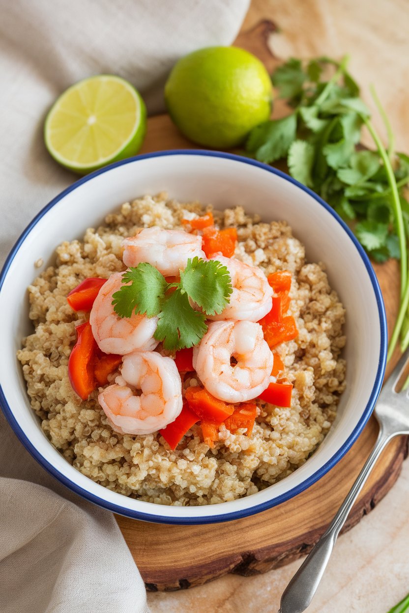 Indoor bowl of fluffy quinoa topped with lime-cilantro shrimp and diced red peppers, no text or logos; photo only.