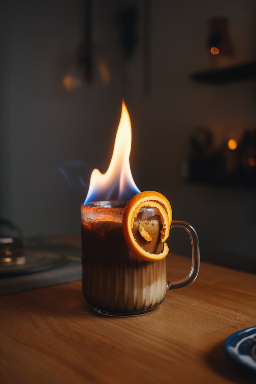 Photo of a heatproof glass mug indoors with flaming spiced coffee, orange peel spiral draped over rim, dim dining-room lighting, no text or logos
