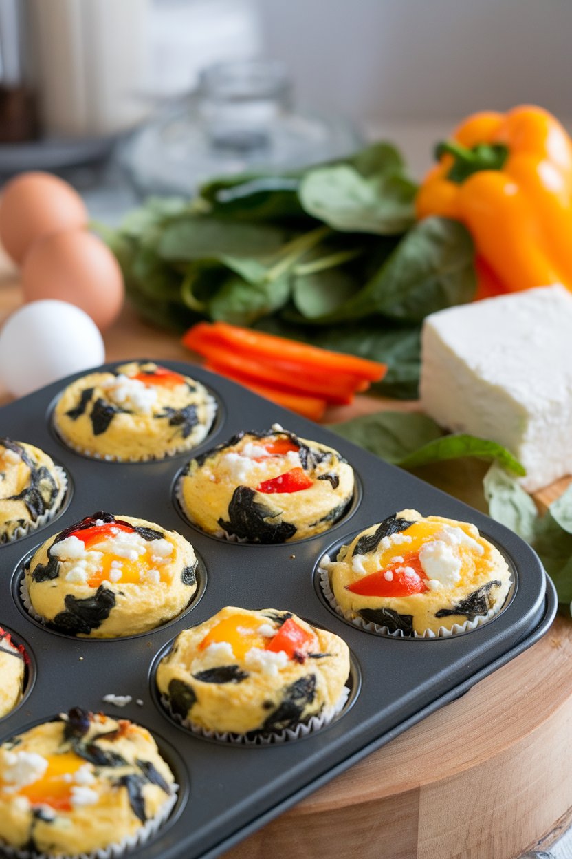 Indoor photo of a muffin tin filled with baked egg muffins studded with spinach, bell peppers, and feta. No text or logos.