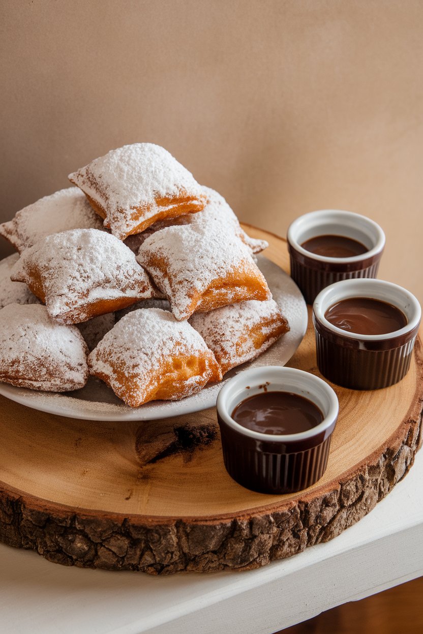 An indoor cafe table holding fluffy beignets dusted with powdered sugar, small espresso cups of chicory coffee, and ramekins of chocolate sauce on a wooden slab. No text or logos visible.