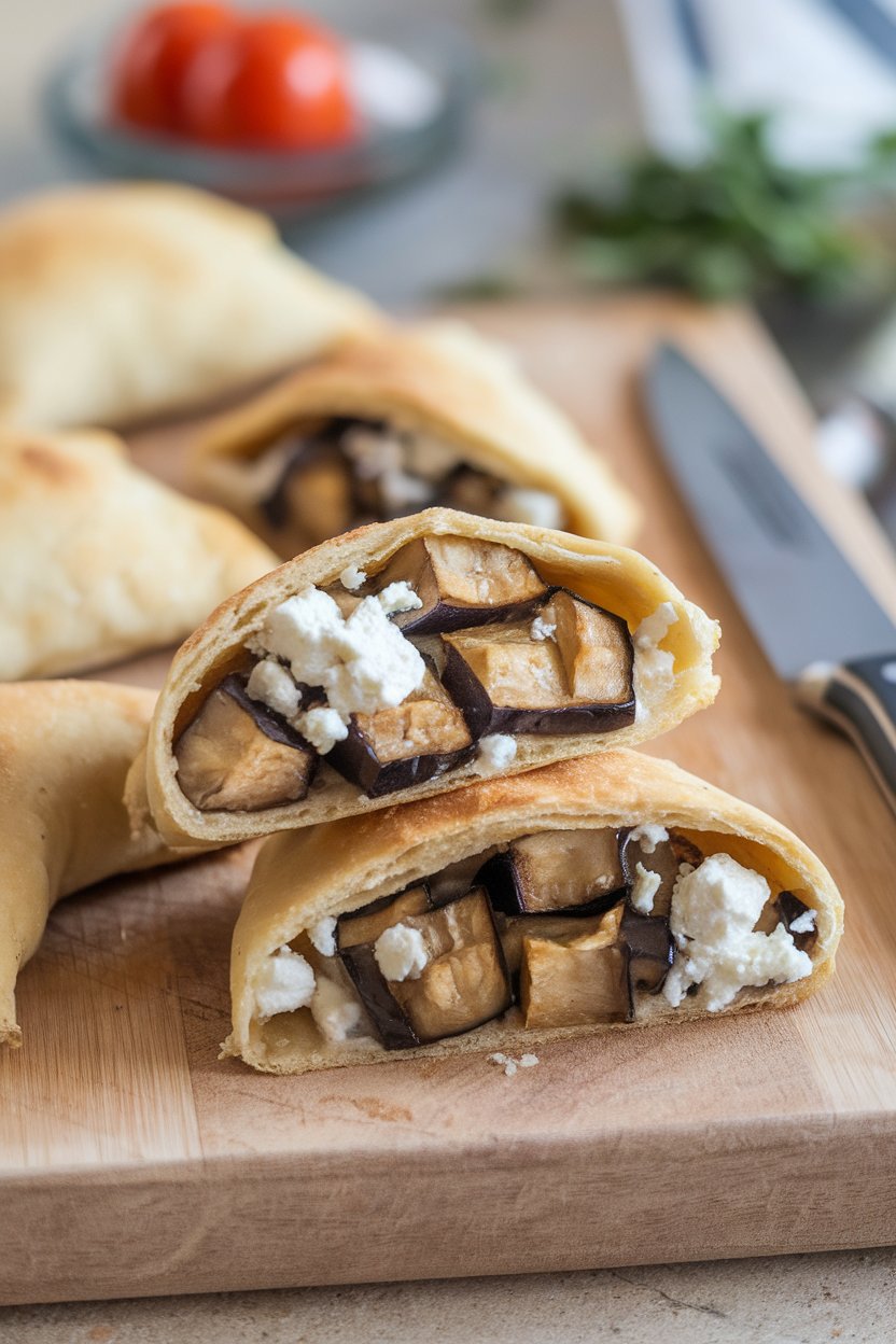 Indoor cutting board with small calzones cut open, showing roasted eggplant cubes and feta, no branding.