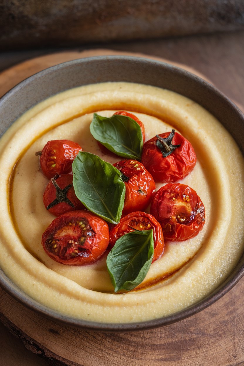 A shallow bowl of creamy polenta topped with blistered cherry tomatoes and fresh basil leaves, photographed indoors. No text or logos.