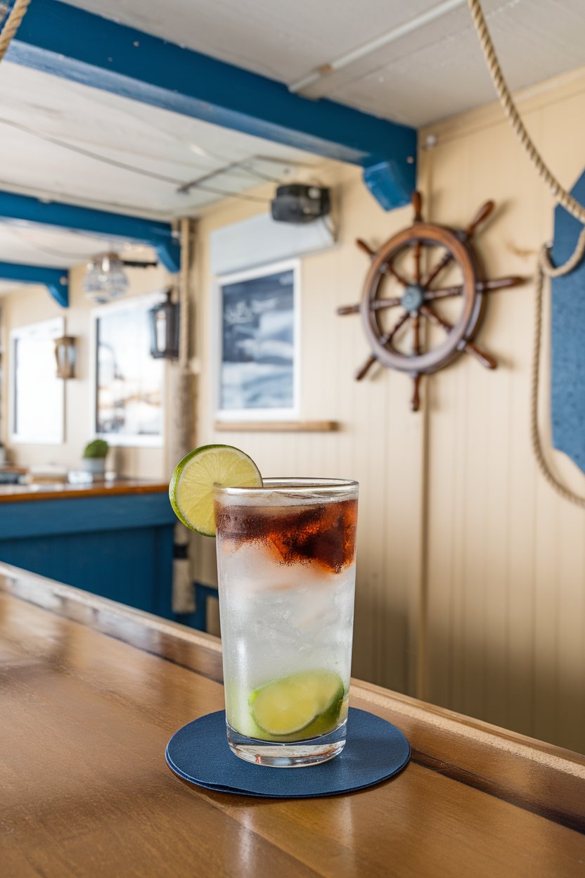 Indoor nautical-themed bar with a highball showing layered dark ginger float over pale lime soda, lime wedge on rim. No text or logos.