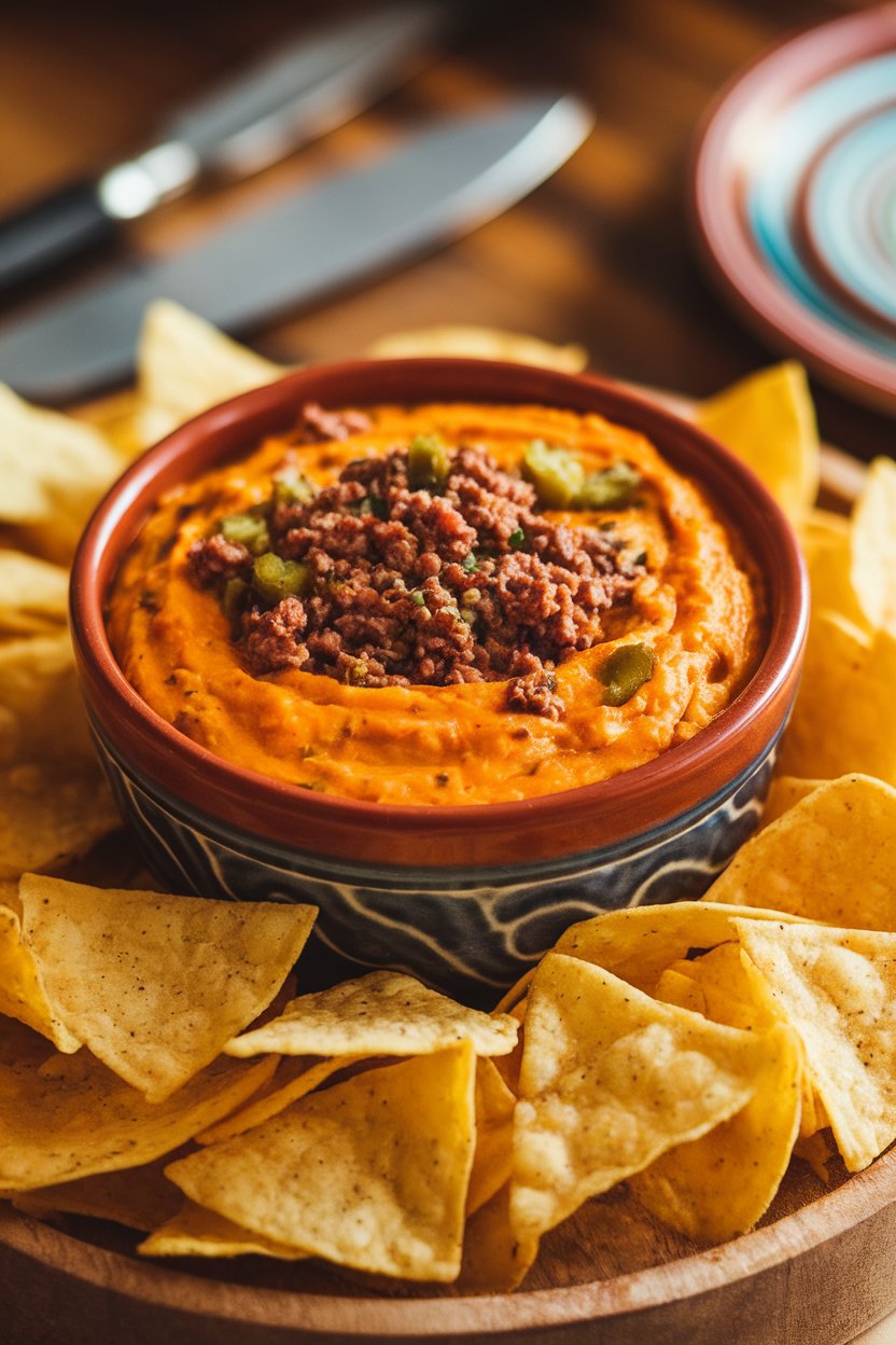An indoor ceramic bowl of thick queso dip speckled with ground beef and green chilies, surrounded by tortilla chips—no text or logos. Photo, not illustration.