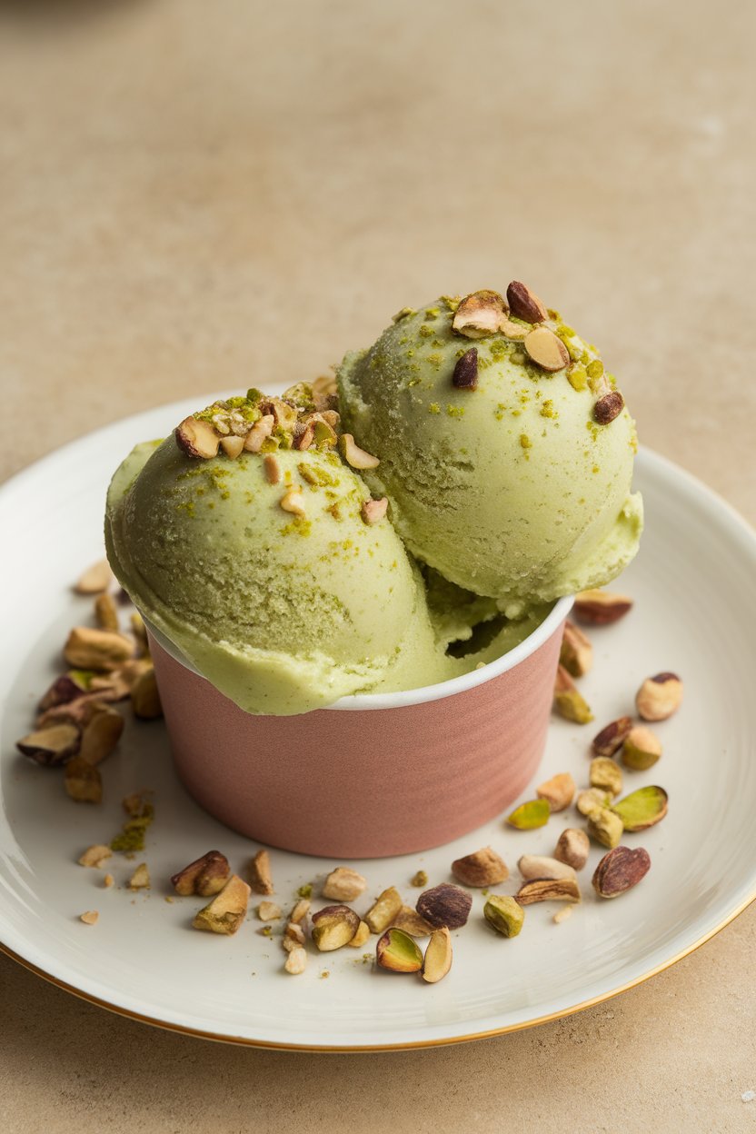An indoor gelato cup holding soft green pistachio gelato, chopped nuts sprinkled over, no text or logos. Photo only.