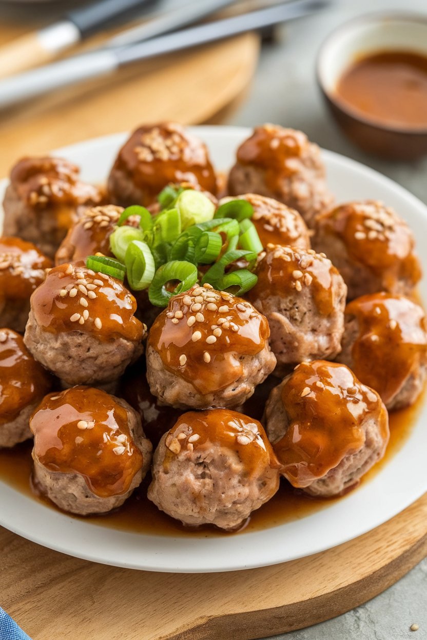 Indoor photo of turkey meatballs glazed in sesame-ginger sauce, sprinkled with scallions and sesame seeds on a platter; no text or logos.