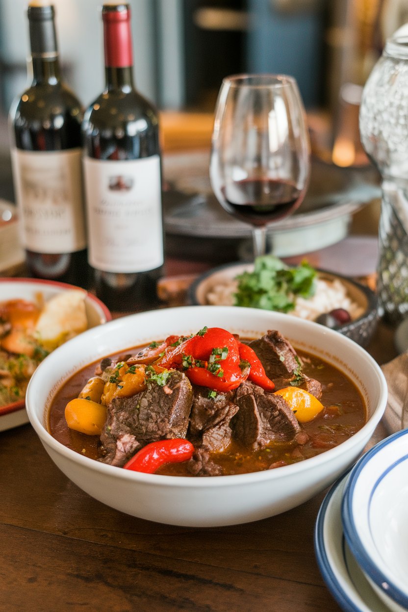 Indoor wine-country table featuring a bowl of beef stew with vibrant red and yellow peppers bathed in a Zinfandel sauce. No text or logos. Photo.