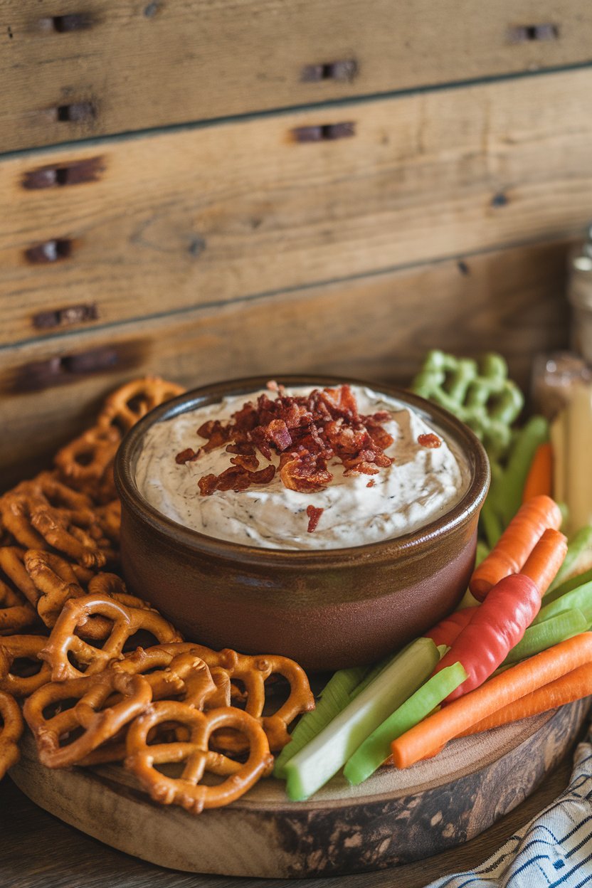 Indoor snack station displaying a ceramic bowl of creamy bacon cheddar ranch dip topped with crispy bacon bits. No branding or text visible.