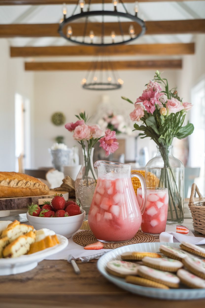 An indoor summer party table with a pitcher of rosy strawberry coconut agua fresca and matching glass beside it. No logos or text. Photo.