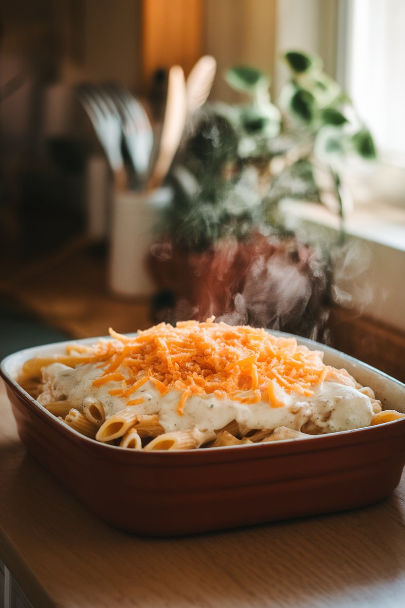 A warmly lit indoor counter with a casserole dish of penne, white Alfredo sauce, and golden Parmesan on top, steam visible. No text or logos.