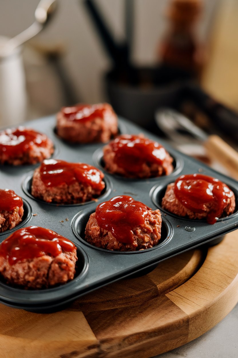 An indoor muffin pan holding individual meatloaf rounds glazed with ketchup, photographed close-up—no text or logos. Photo, not illustration.