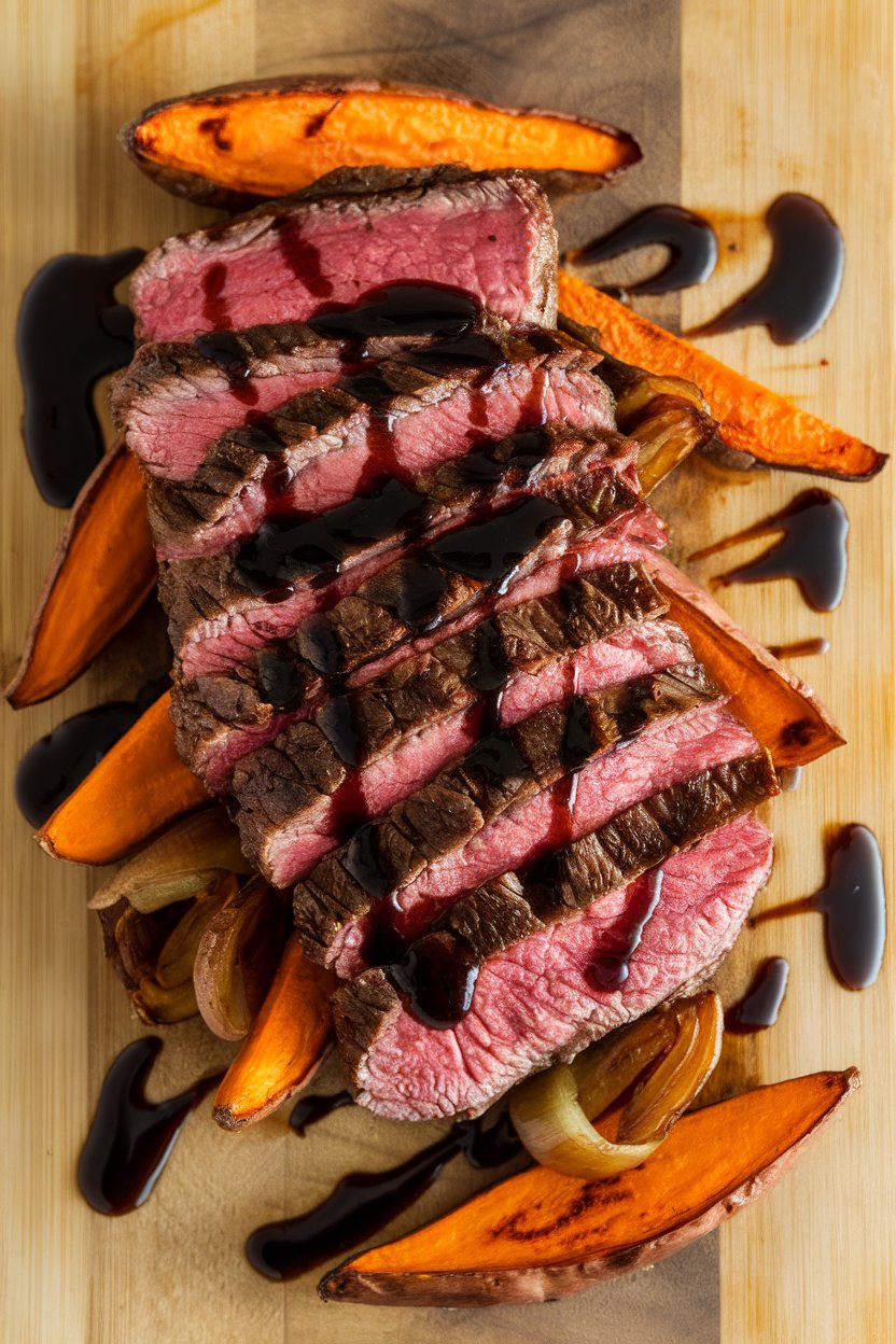 Indoor photo of sliced medium-rare steak drizzled with balsamic reduction, nestled among roasted sweet potato wedges and caramelized shallots; overhead shot, no logos