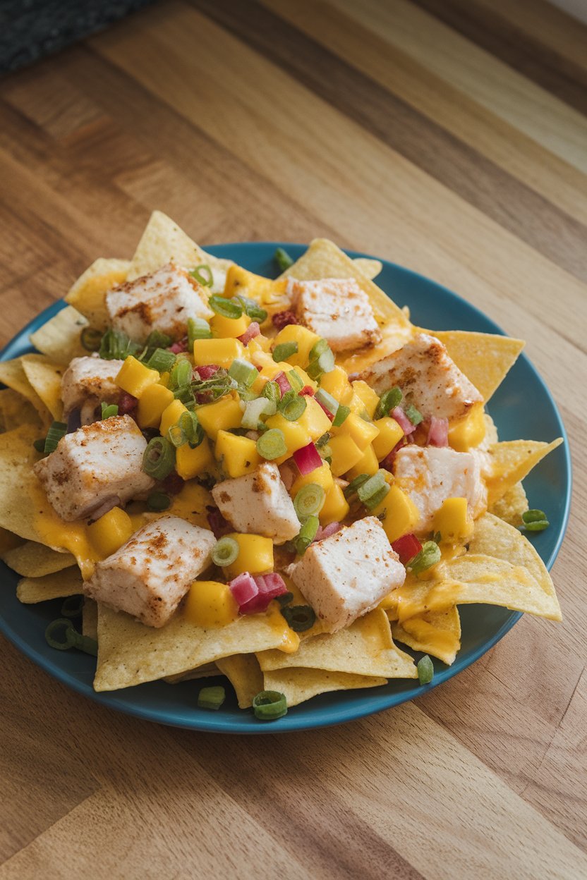 Indoor countertop with nachos topped by blackened white fish chunks, pepper jack, and mango salsa; no text or logos, photo not illustration.