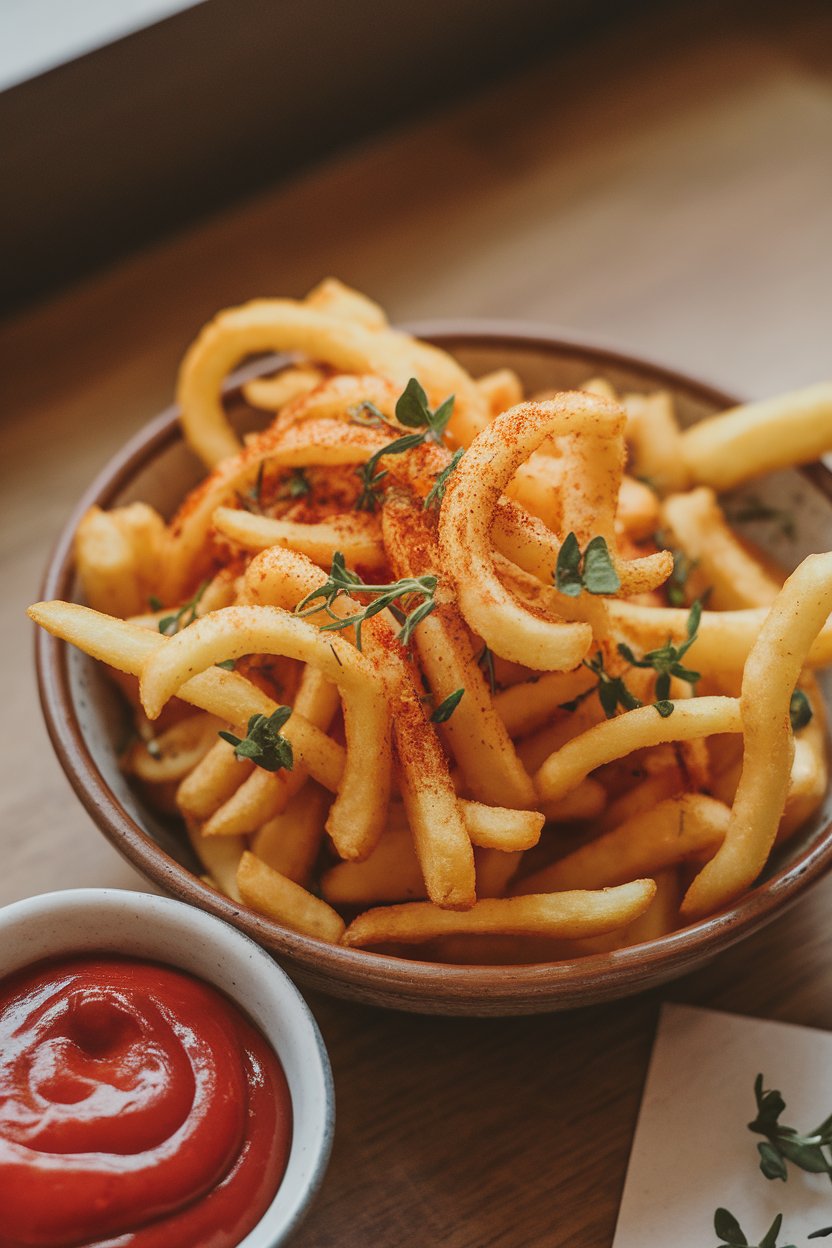 Photo of curly fries seasoned with paprika and herbs in a ceramic bowl indoors, ketchup nearby, no text or logos