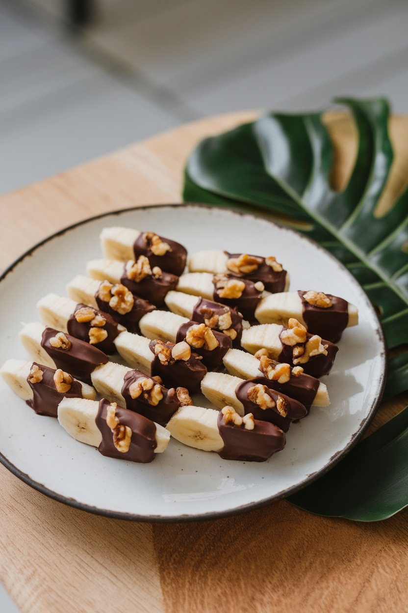 An indoor plate of small frozen banana slices half-dipped in dark chocolate, sprinkled with crushed walnuts, arranged neatly. No text or logos.