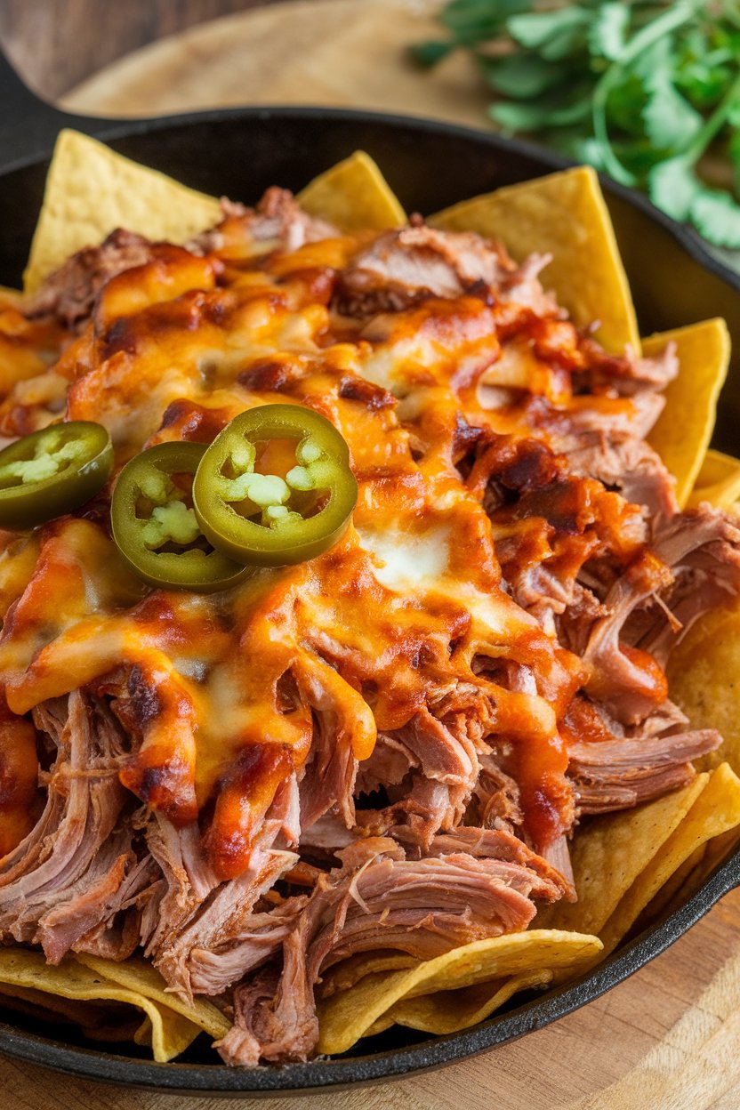 Indoor photo of nachos topped with shredded BBQ pork, melted cheese, and pickled jalapeños in a cast-iron skillet. No logos visible.